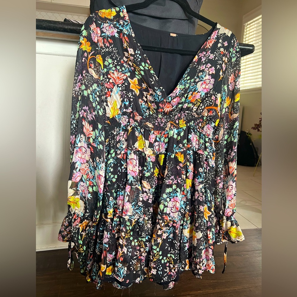 Black Floral Long Sleeve Mini Ruffled Party Dress